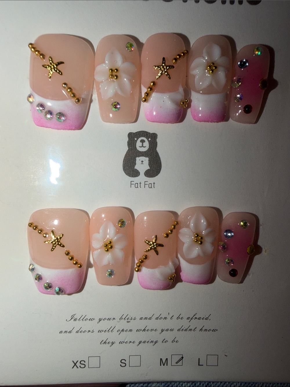Pink Ombre Floral 3D Nail Set with Gold Accents